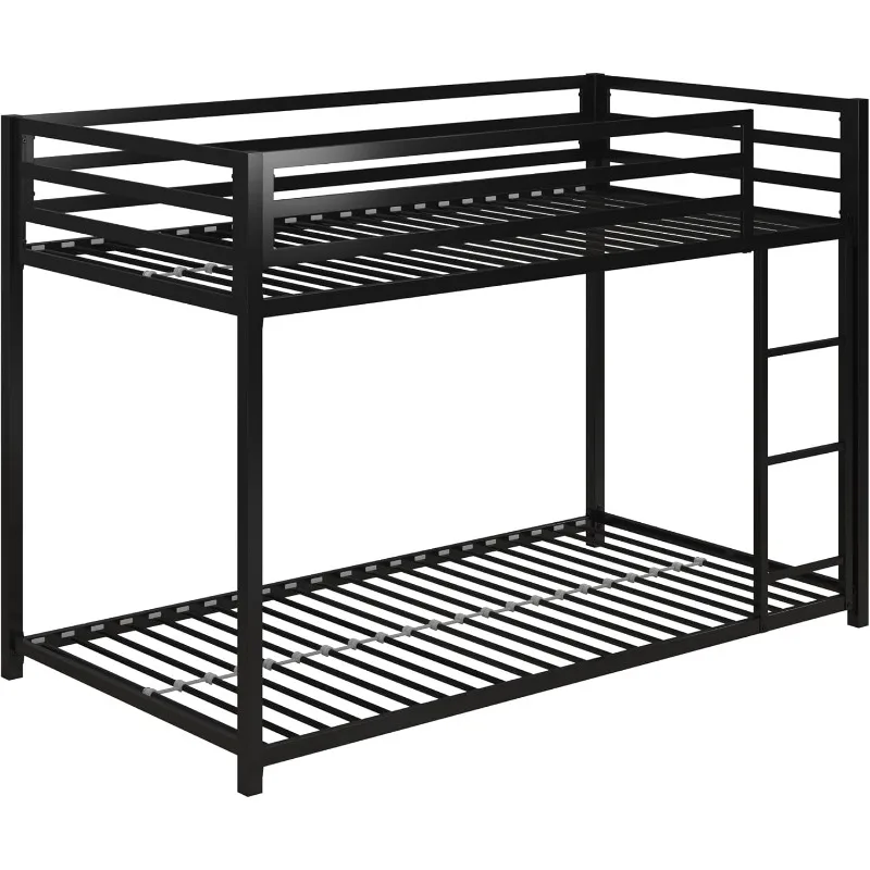 

Low Metal Bunk Bed Frame for Kids, With Built-in Ladder, High Guardrail and Metal Slats, For Small Spaces, Twin-Over-Twin, Black