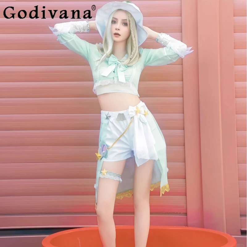 

Game Fashion Two Dimensional Short Set Women Sexy Cosplay Props Costumes Female Summer Cos Bow Top and Short Outfits
