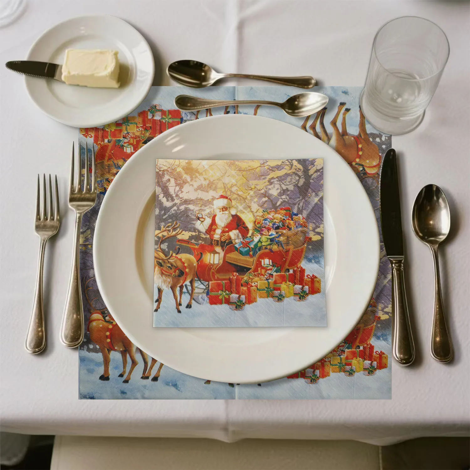 20 szt. Złote Świąteczne Serwetki Papierowe z Motywem Świętego Mikołaja, Reniferów, Sanek i Elfów, Dekoracyjne, Jednorazowe, 3-warstwowe, 33x33cm
