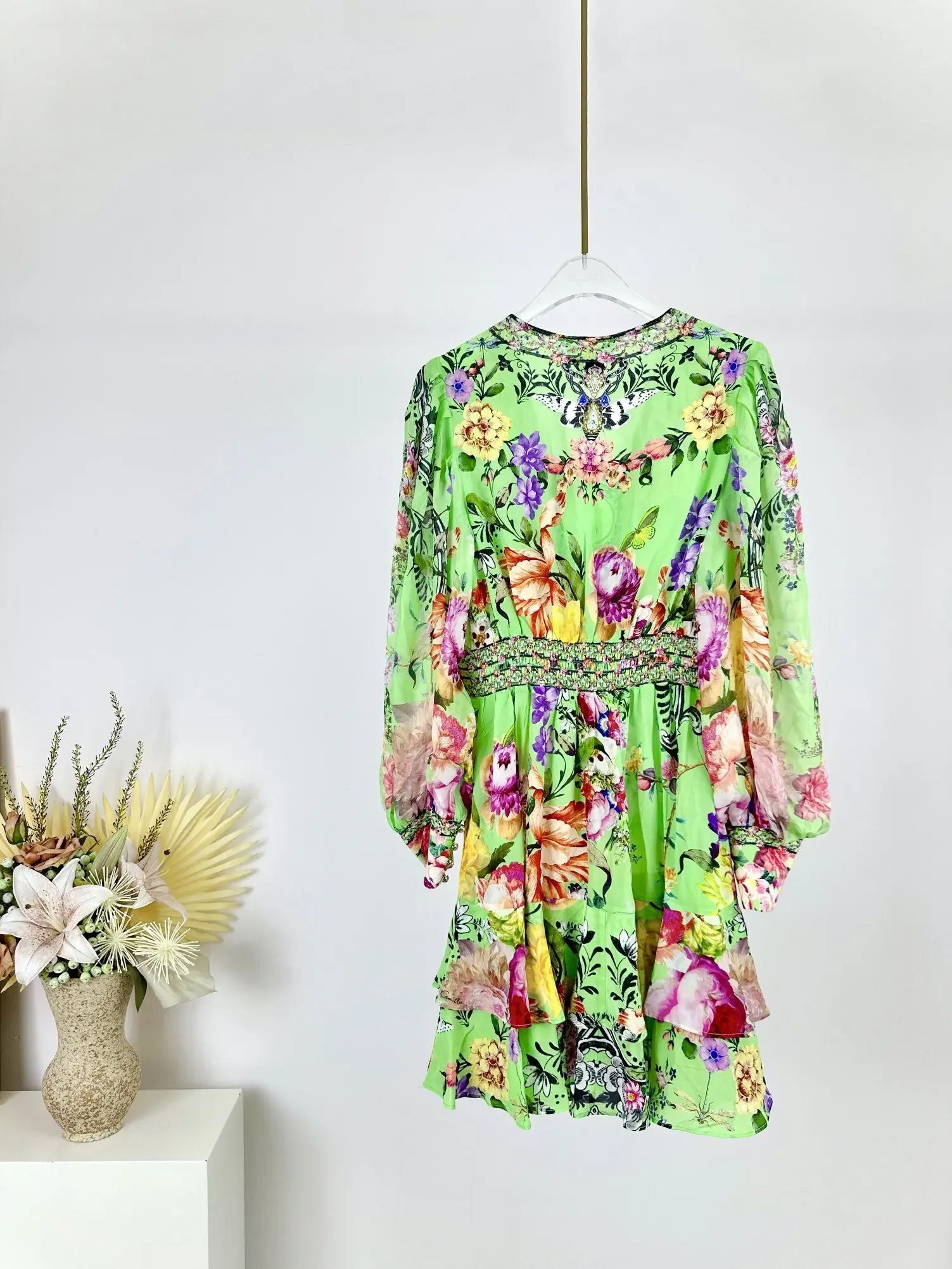 

Women Green Floral Printed Dress Beaded V-Neck Long Sleeve Elegant 100% Silk Mini Robe