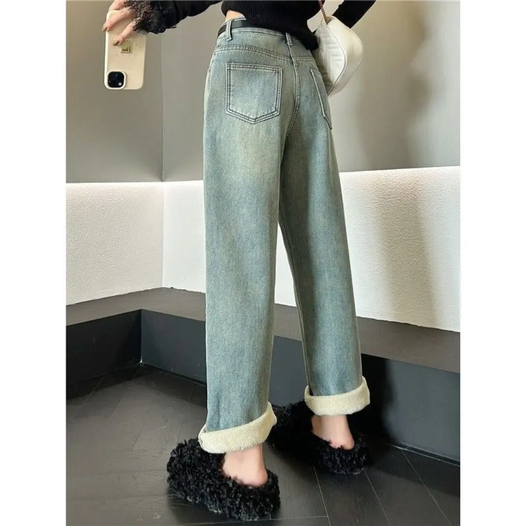 

Женские утолщенные прямые джинсы в стиле ретро на флисовой подкладке с высокой талией, широкие брюки больших размеров, свободные утягивающие брюки на осень-зиму