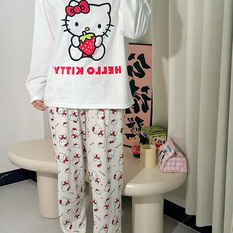 Camiseta de dibujos animados de Hello Kitty para mujer, pantalones de manga larga para chica encantadora, ropa cómoda Kawaii para el hogar, pijamas informales para adolescentes
