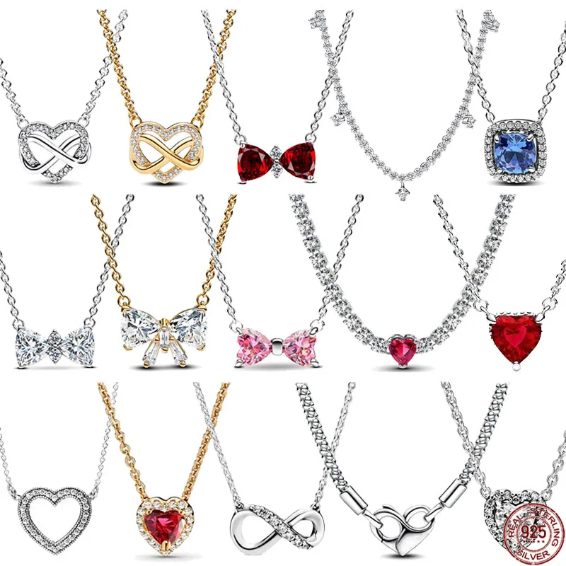 

Birthday Christmas Party Gift 925 Sterling Silver Classic Dazzling Square Heart-shaped Bow Necklace Light Luxury Charm Jewelry