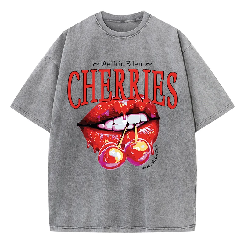 Casual Womens Acid Wash T-Shirts Cherries On The Lips Printing Tees Distressed Oversize Cotton Short Sleeve Trend Female Clothes