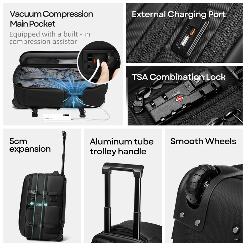 حقائب ظهر للأعمال مضغوطة بالفراغ لعربة السفر، حقيبة ظهر ذات سعة كبيرة على عجلات، حقائب أمتعة قابلة للطي #2