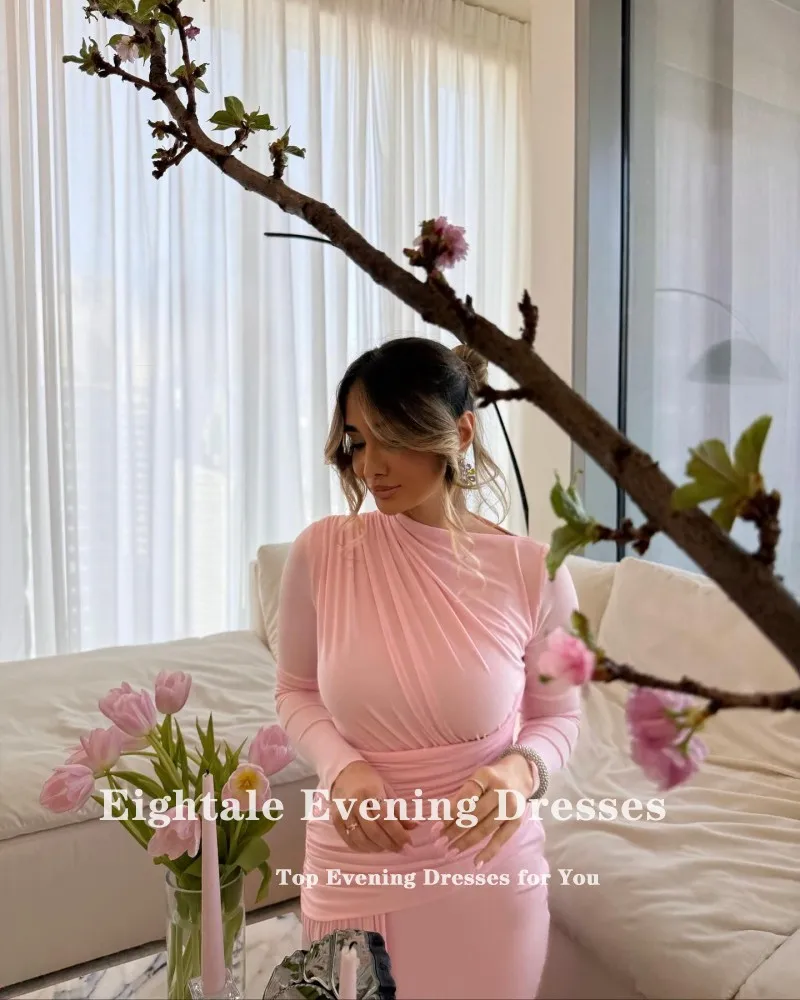 Eightale Arabic Evening Dress Pink Chiffon O-Neck Pleat Long Sleeves Customized Prom Gown Muslim Party Dress robe de soiree image 5
