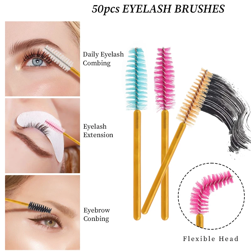 50pcs Disposable Golden Rod Eyebrow Eyelash Brushes Mini Mascara Wands Comb Eyelash Extension Applicator Beauty Makeup Tools