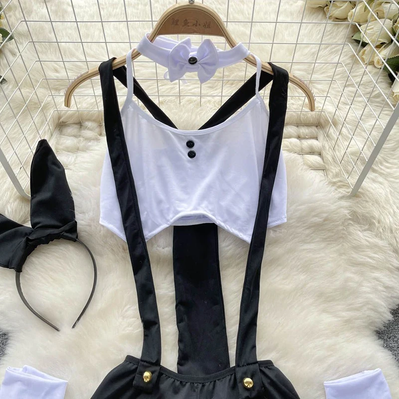 Sexy Bow Role-playing Bunny Girl Hollow Out Jumpsuit Shoulder Straps Shorts Uniform Set Exotic Pornographic Lingerie Suits Woman