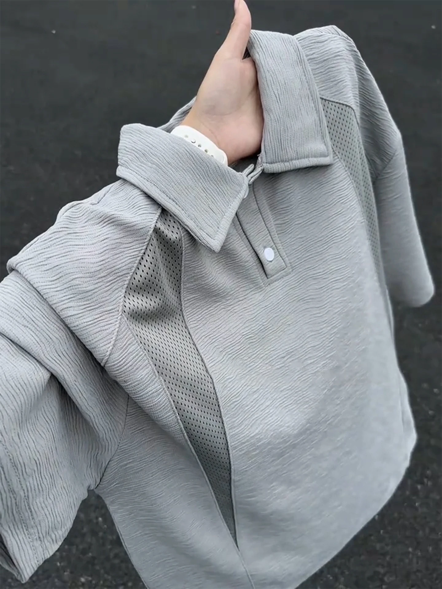 Grey Texture Mesh Short Sleeve  Shirt Men's Summer Thin Bark Pattern Ice Silk Breathable Quick Dry T-Shirt Loose Fit Yout...