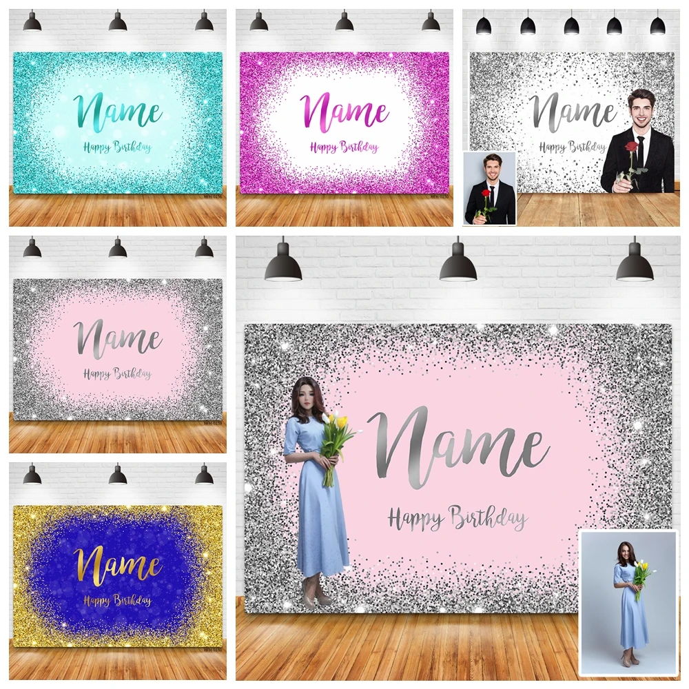 Custom Personalized Animated Adult Name Gold Silver Glitter Photo Birthday Party Decoration Banner Background DIY Photo Decorati