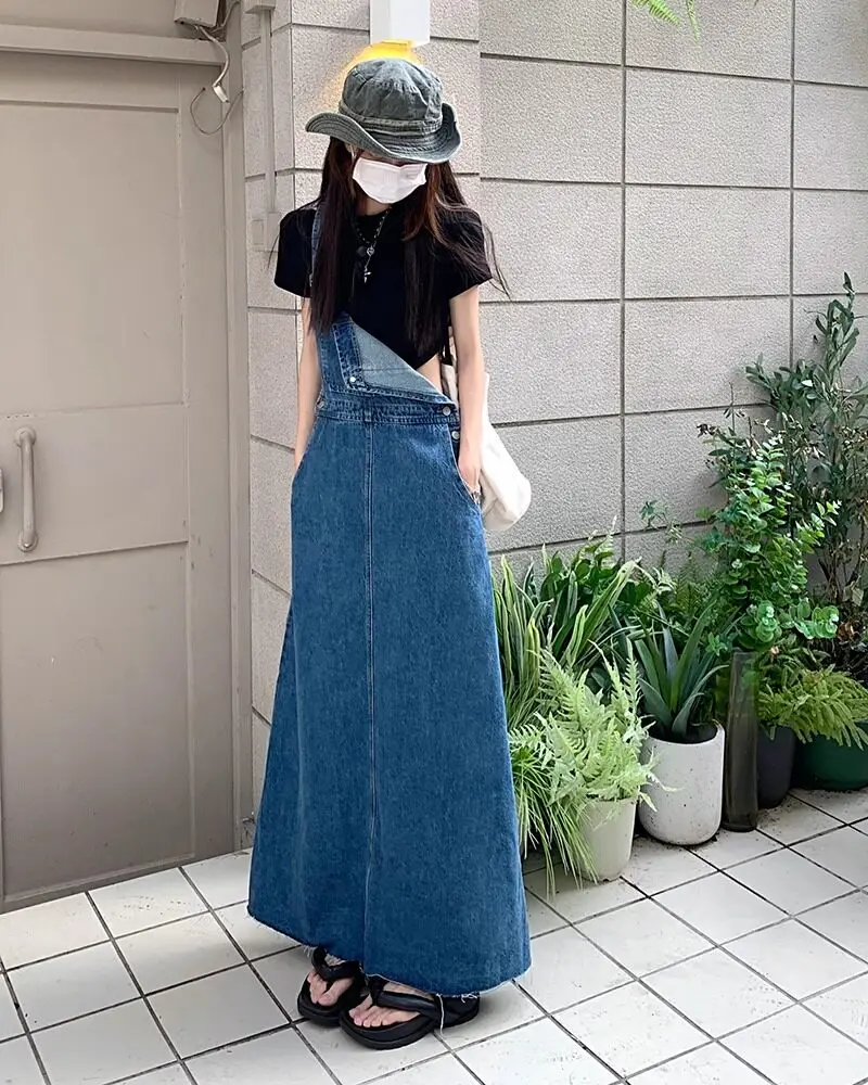 Plus Size Midi Split Denim Dress Women 2026 Spring Autumn New Slimming Tummy‑Control Spaghetti Strap Overall Dress