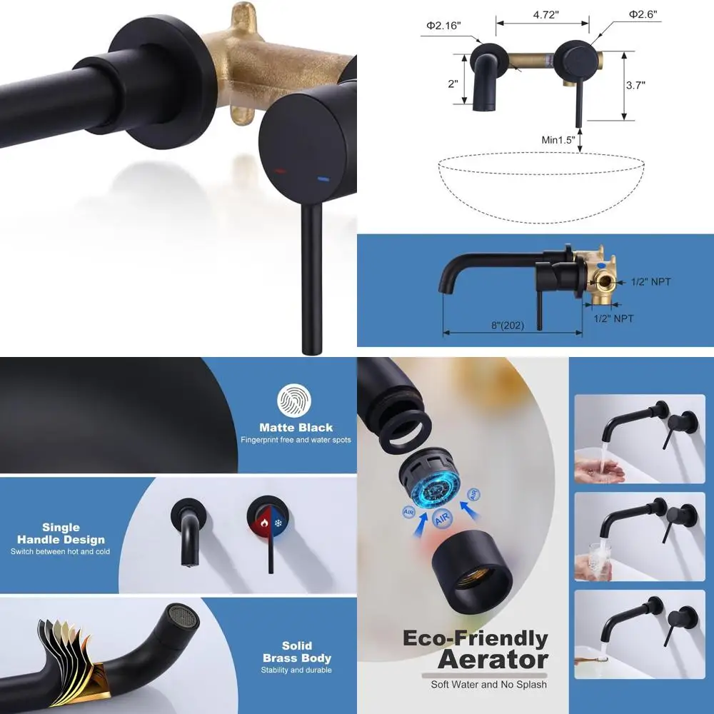 

Matte Black Wall-Mounted Single Handle Bathroom Faucet with Included Rough-In Valve