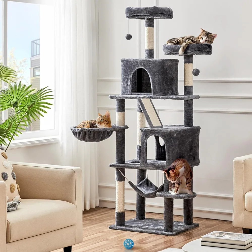 Indoor Cat Tower 71.5 Inches Tall, 2 Cozy Condos, 2 Padded Perches, Scratching Posts, Ramp for Cats