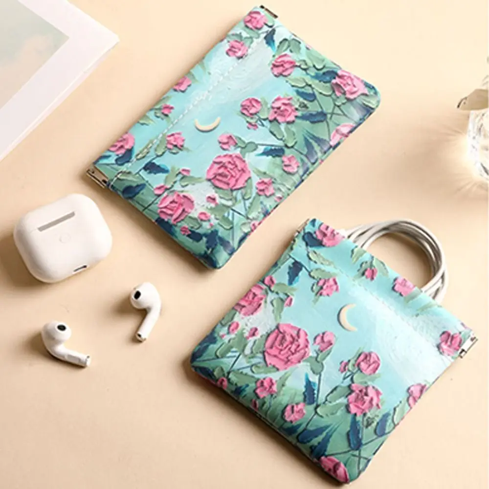 Fashion PU Lipstick Makeup Bag Automatic Closing Flower Print Mini Coin Purse Waterproof Cosmetic Organizer Pouch Travel