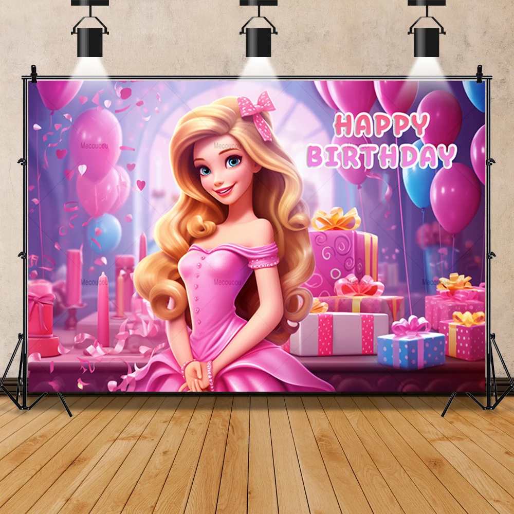 Cartoon Barbie Princess Pink Dress Baby Girl Gifts Birthday Party Banner Backdrop Custom Kid Photography Poster Decor Background