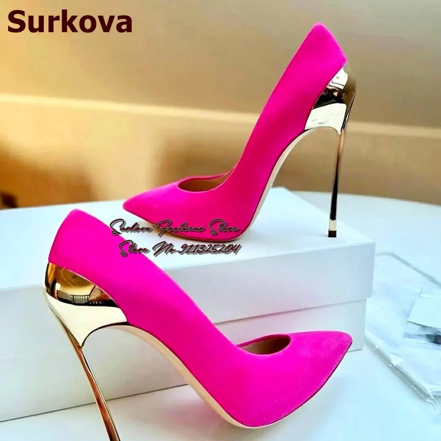 Surkova Gold Silver Metal Blade Heel Pointed Toe Pumps Pink Blue Stilettos Shallow Wedding Shoes Slip-on Party Footwear