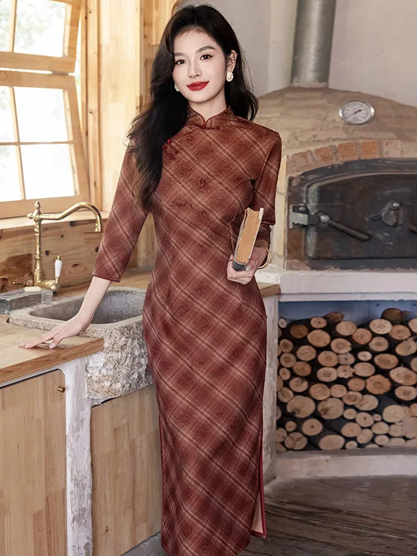 

Красное клетчатое ретро-платье миди с длинными рукавами, облегающее, женское, модное, для весны и осени, в традиционном китайском стиле