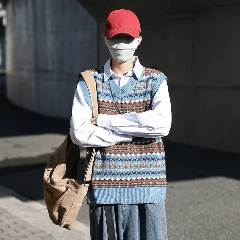 

Мужской японский вязаный жилет с v-образным вырезом в стиле ретро, полосатый пуловер, многослойный кардиган, повседневный свободный универсальный кардиган в корейском стиле на весну и осень