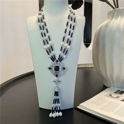 Natural freshwater pearl lapis lazuli necklace CZ Square Connector Pearl Pendant Handmade For Women