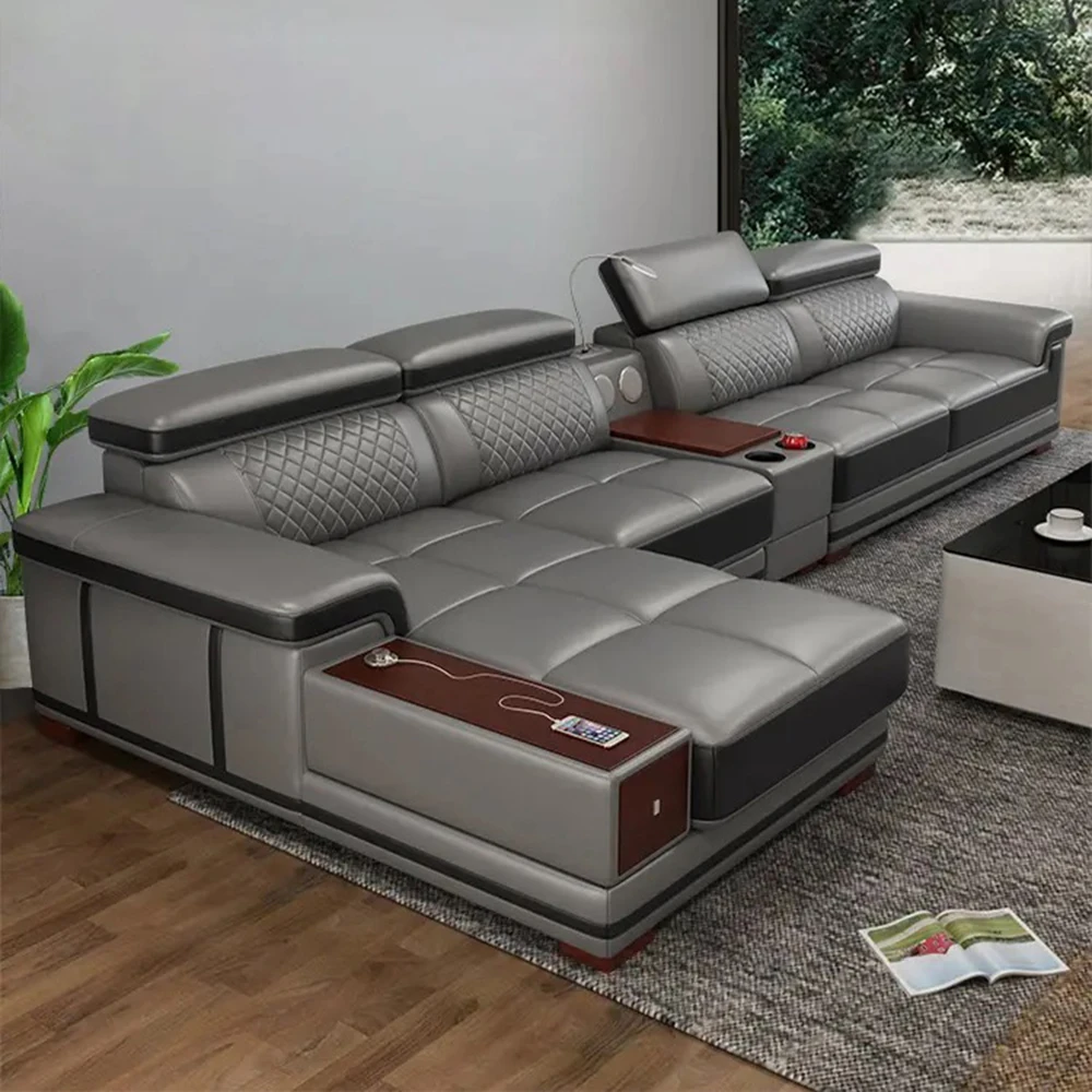 Elegant Living Room Sofas - MANBAS Italian Genuine Leather Sectional Sofa Set with Adjustable Headrests and Bluetooth Speaker