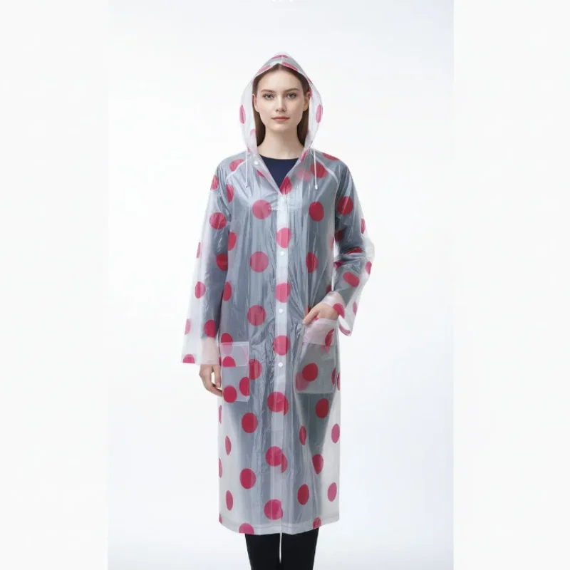 Women PVC Transparent Polka Dot Fashion Raincoat Loose Plastic Hooded Snap Cardigan Outdoor Hiking Waterproof Raincoat Poncho