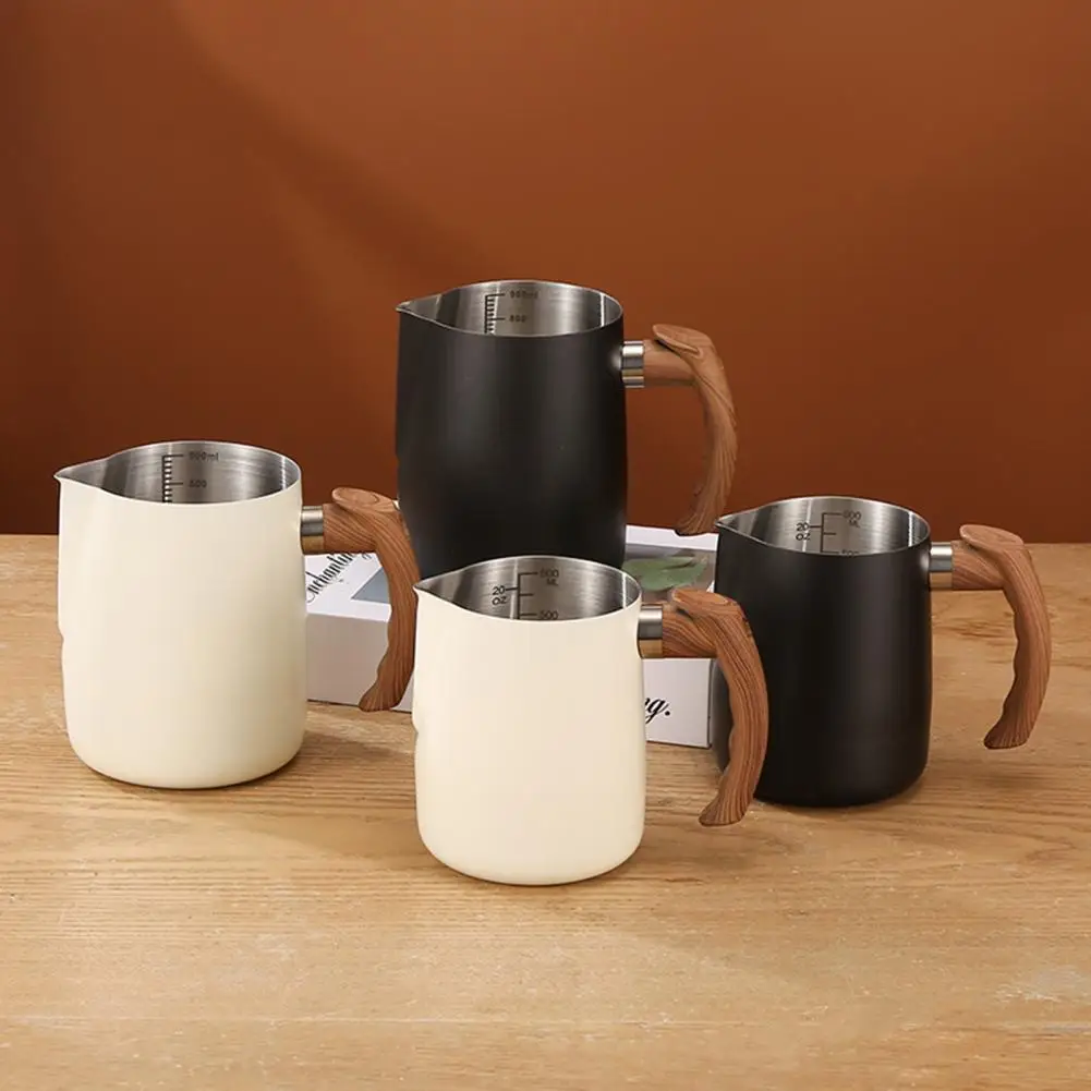 Capacity Milk Frothing Pitcher Stainless Steel Milk Frothing Pitcher with Precise Scale Wooden Handle for Latte for Coffee