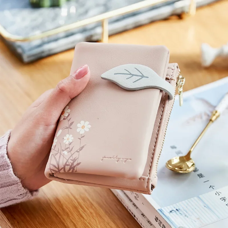 

Leaves Small Wallet Women Hasp Zipper Purse Soft Pu Leather Ladies Wallet Card Holder Mini Girl Purse Clutch محافظ نقود رجالية