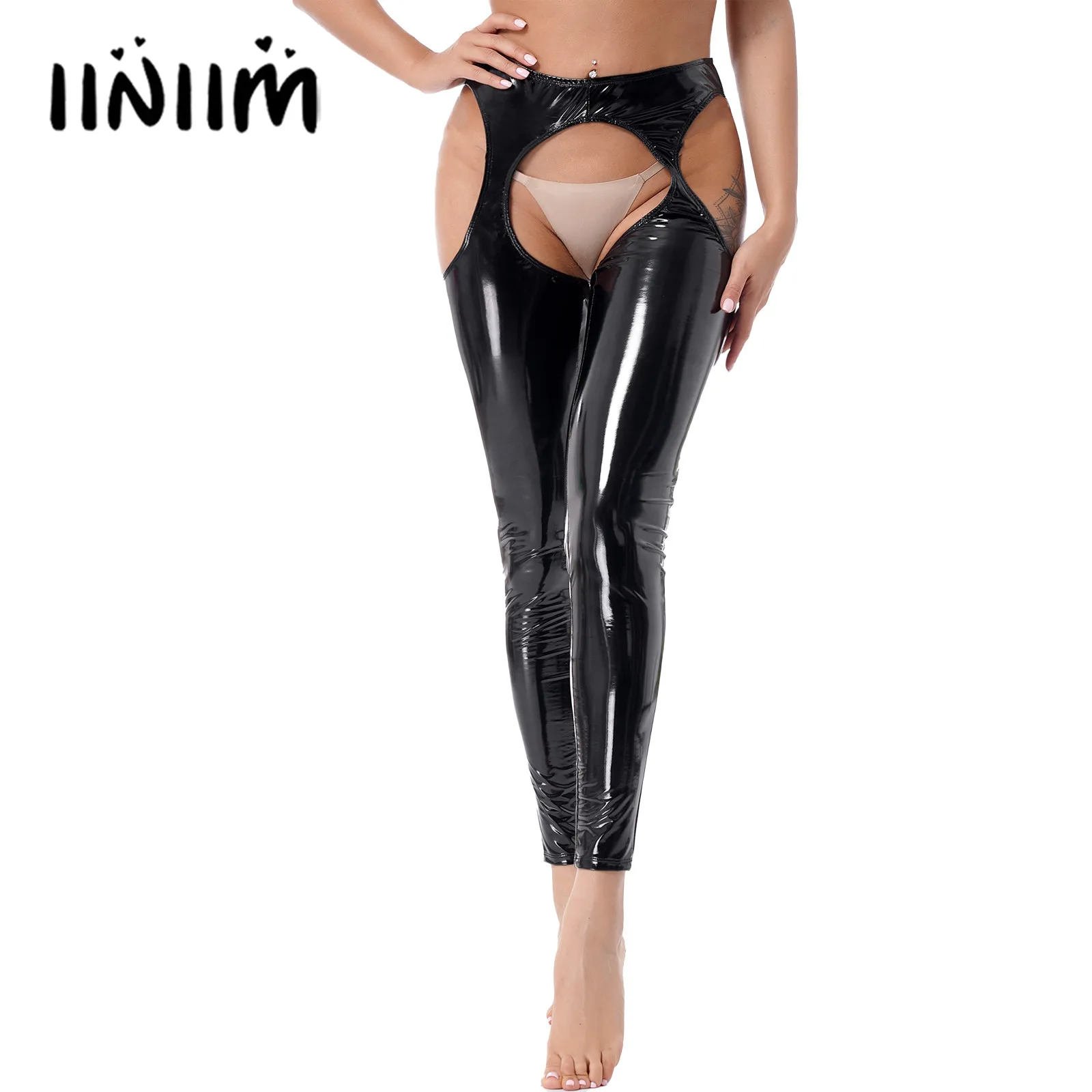 Womens Lingerie Hot Wet Look Patent Leather Cutout Leggings High Waist Crotchless Open Butt Sexy Glossy Skinny Pants Clubwear