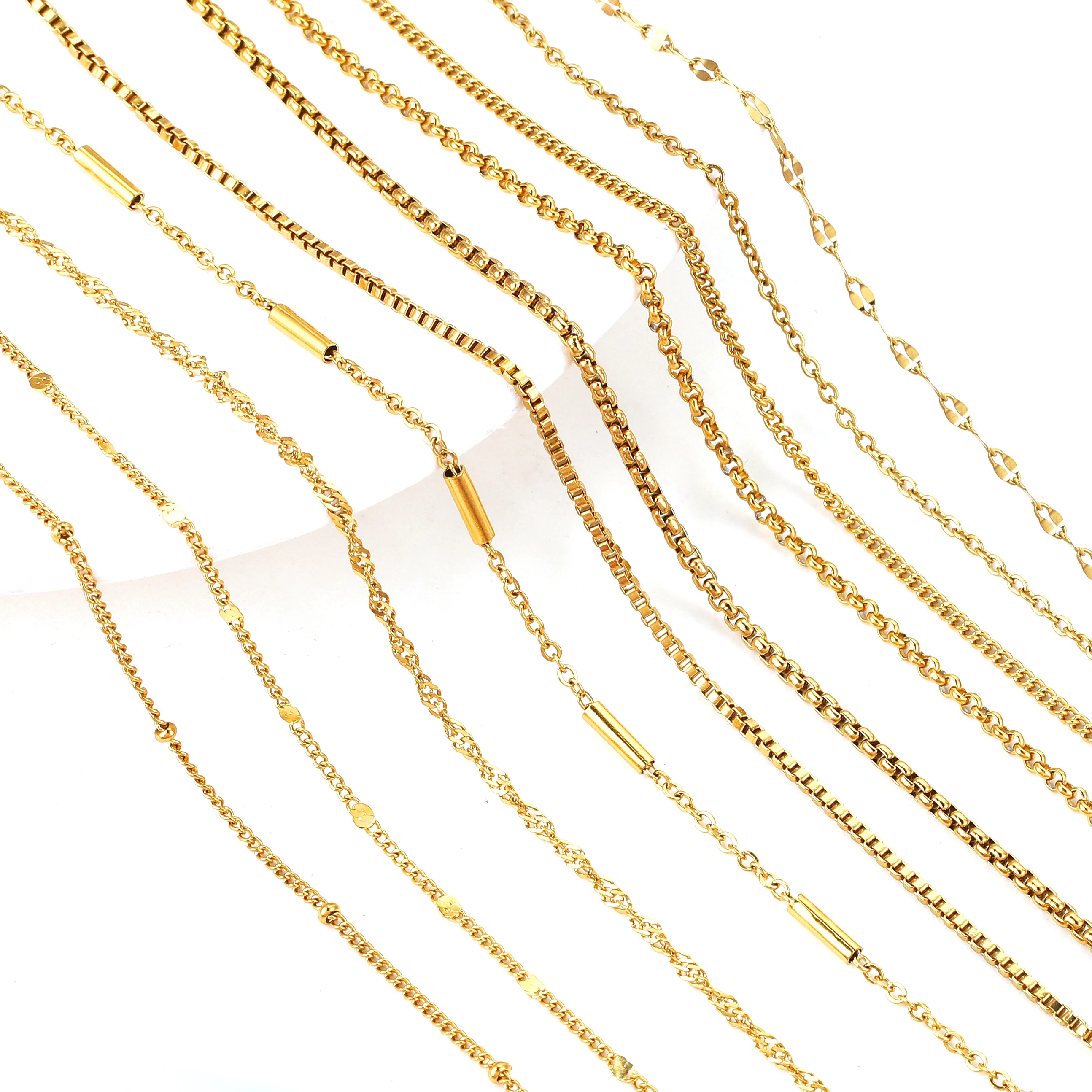 5pcs Stainless Steel Bead Chain Cuba Cross O Ripple Chain Necklace Plated Gold 45CM Adjustable Chain Lobster Clasp DIY Necklace