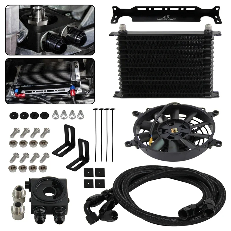 

Aluminum Universal AN10 10-19Row Japanese Oil Cooler Kit w/ Bracket Oil line +7'' Electric Fan Kit Thermostatic 73±0.5°