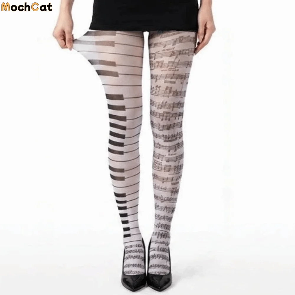Sweet Seamless Piano Stockings Breathable Thin Music Note Tights Funky Y2K Leggings Black White Pantyhose Party