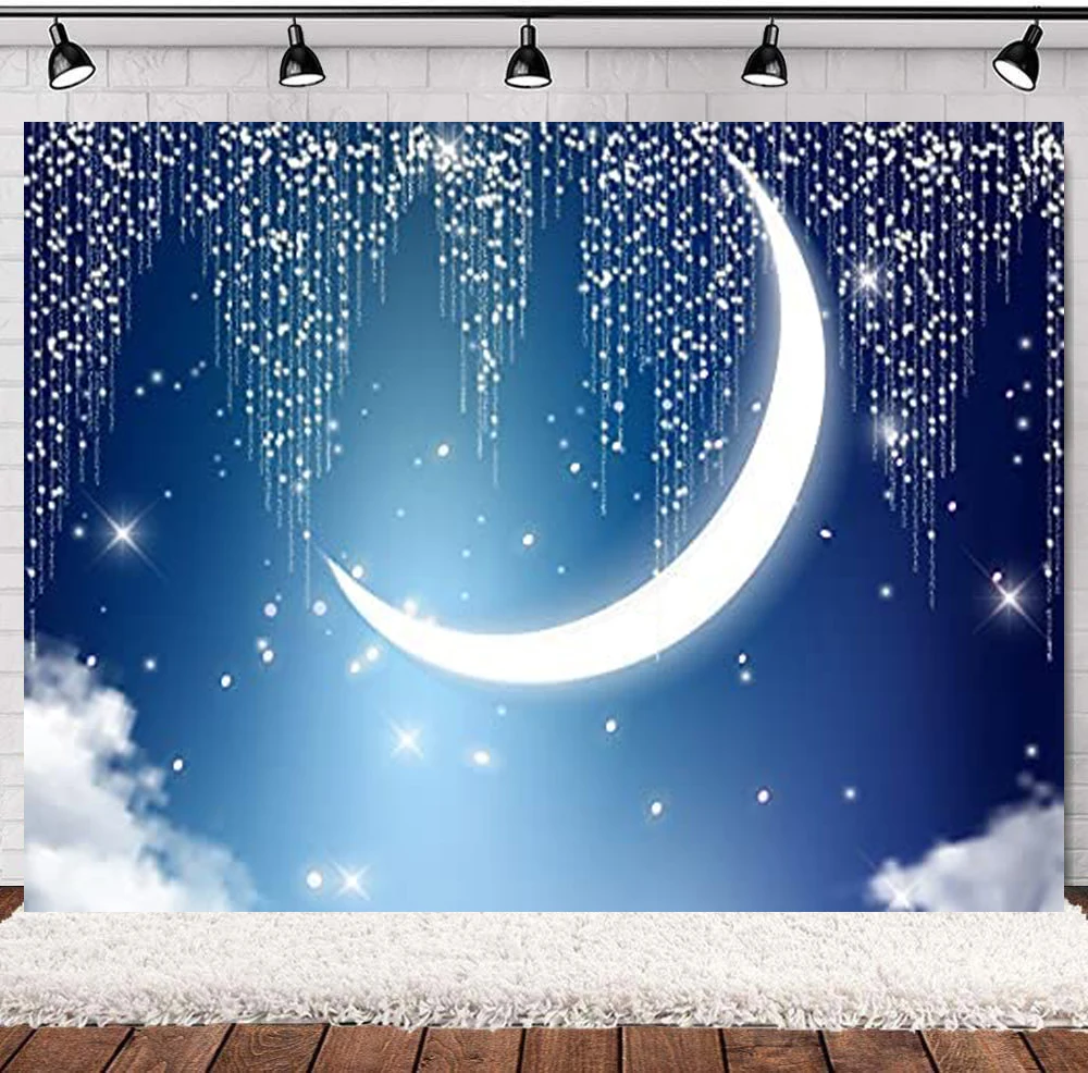 Night Backdrops Crescent Moon Galaxy Twinkle Stars Night Sky Photo Background Birthday Party Banner Supplies Shining Star Poster