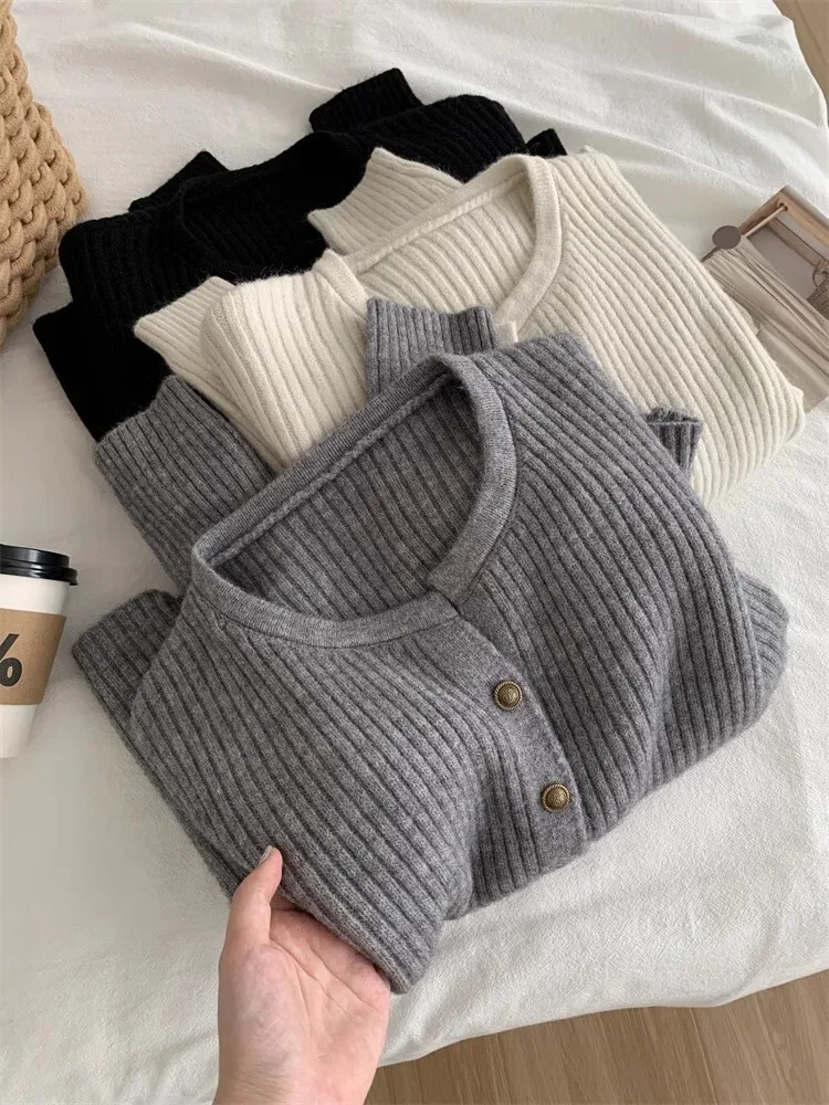 Gold Button Pit Stripe Knit Cardigan Round Neck Women Autumn Winter Basic Warm Sweater