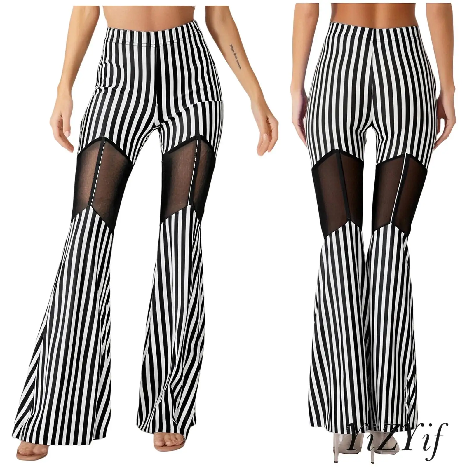 

Womens Belly Dance Striped Flared Pants Sheer Mesh Patchwork Bell Bottom Trouser for India Dance Halloween Circus Clown Cosplay