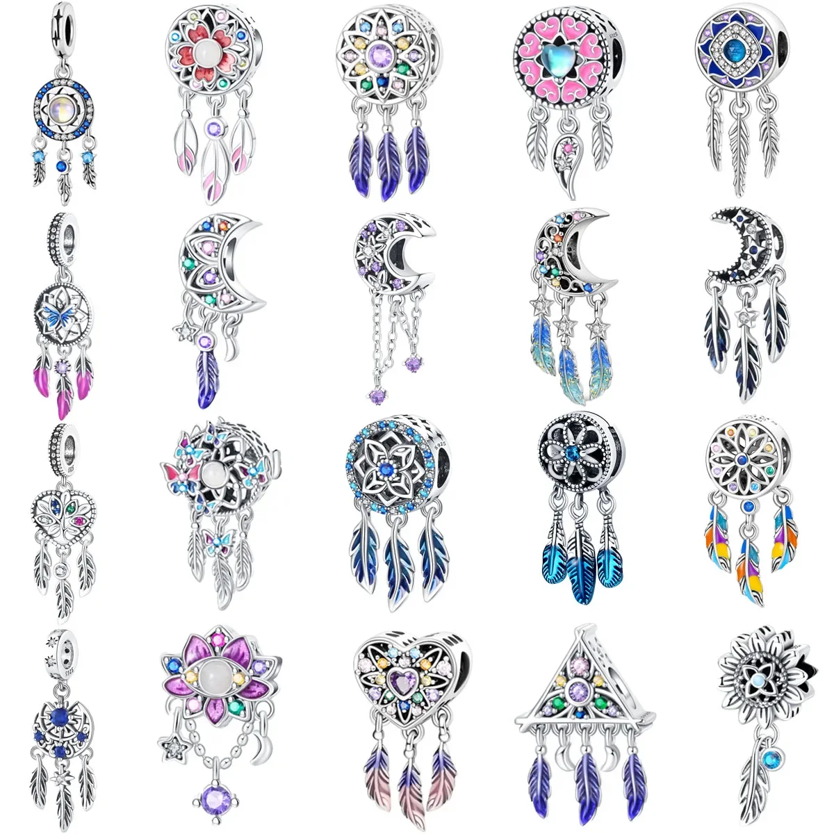 

Original 925 Charms Sterling Silver Dreamcatcher Moon Butterfly Feather Flower Beaded Pendant DIY Bracelet Ladies Jewelry Gift