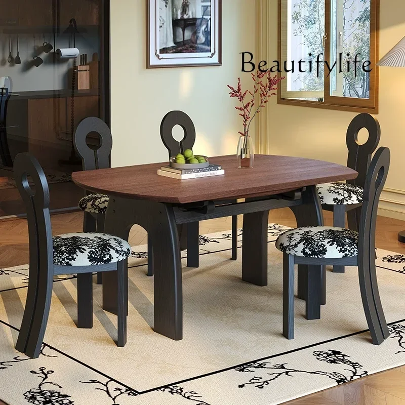 N45 Wi Medieval style dining table solid wood retractable into round French style household jumping table dining table and chair