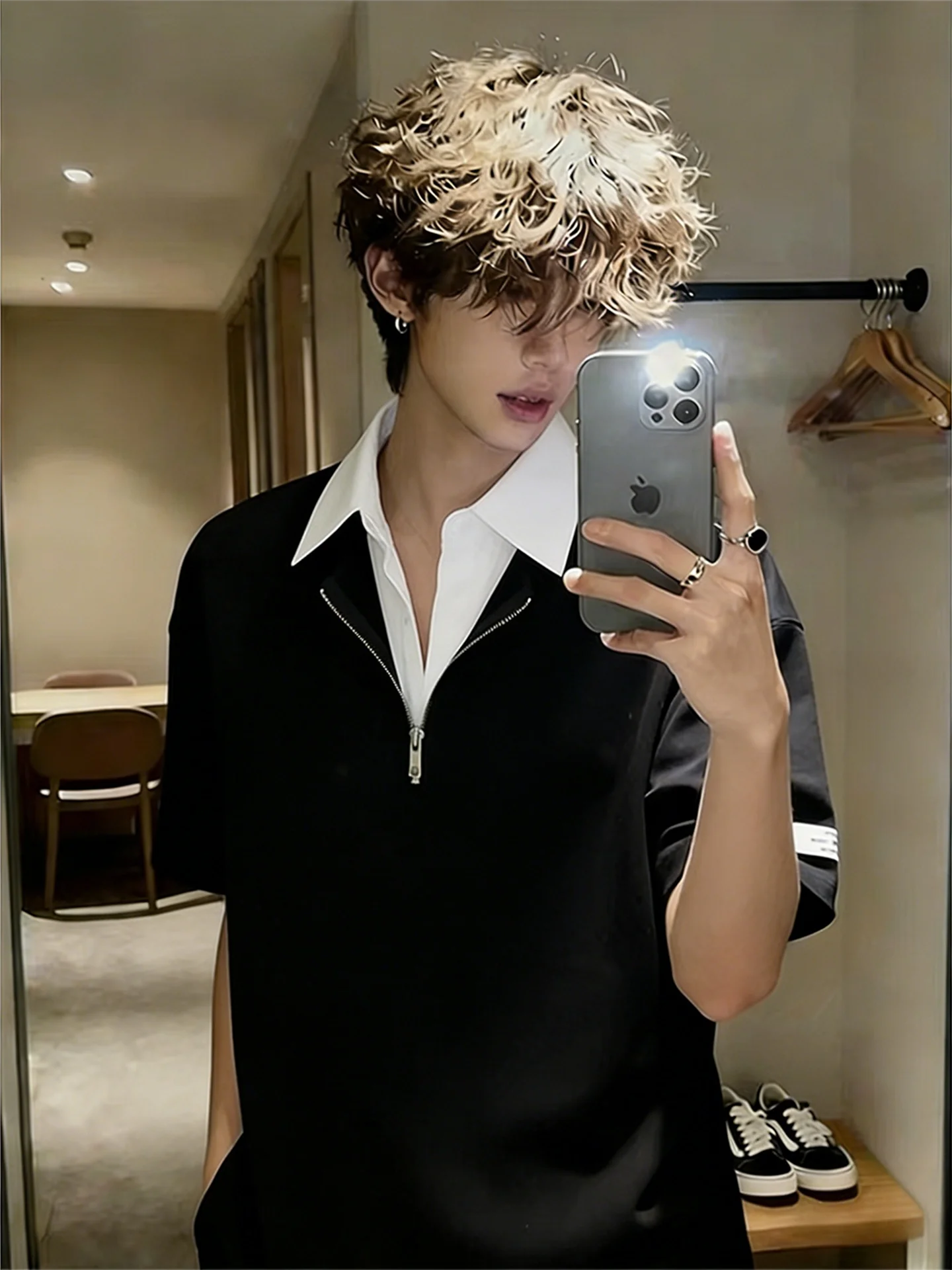 White Shirt Collar  Shirt Short Sleeve Men's American Style Half Zipper Flip Collar Shoulder T-Shirt High-End Half Sleeve