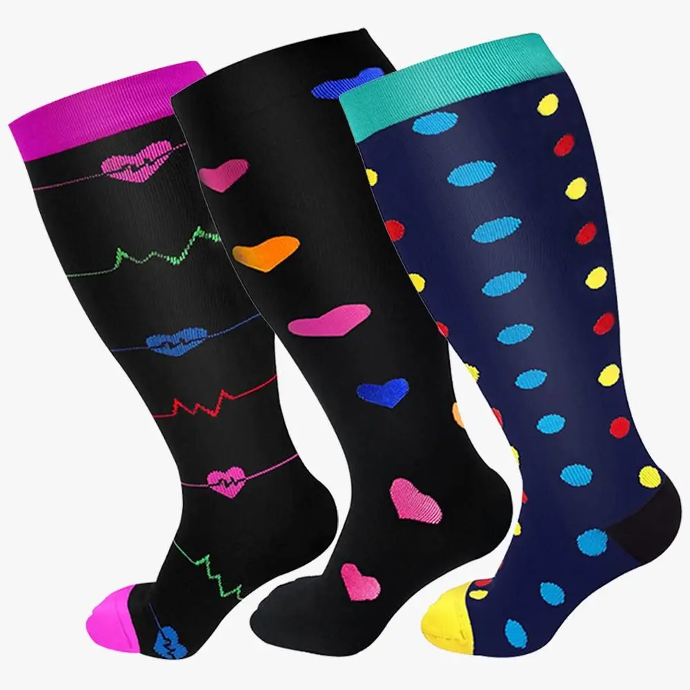 

Plus Size Compression Socks Extra Wide Calf 2XL-4XL Knee High Stockings Heart Dots Circulation Swelling Support