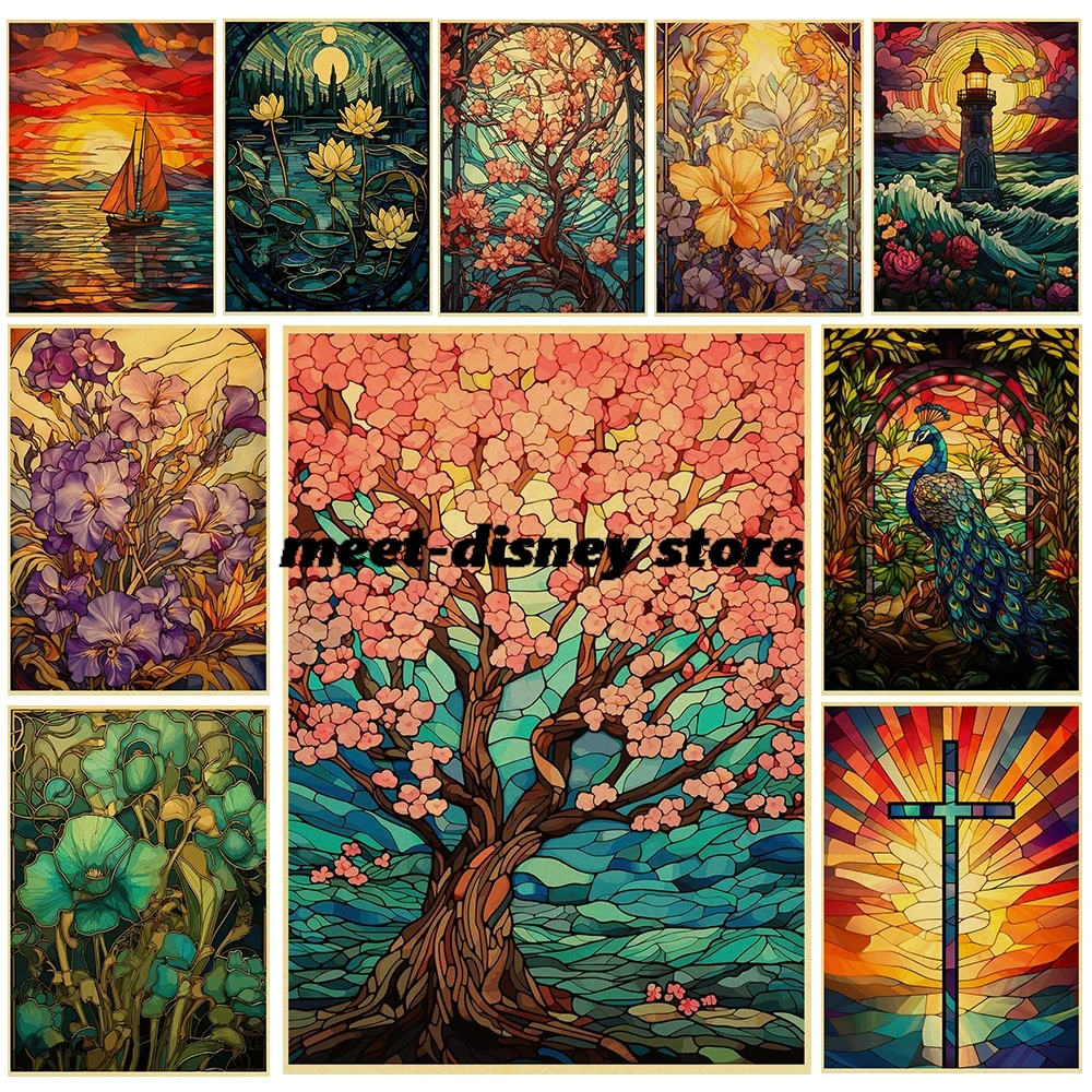 Stained Glass Flowers Poster Canvas Harajuku Home Decoration Skateboard Coffee Wall Art Living Room Painting Dormitory Decor
