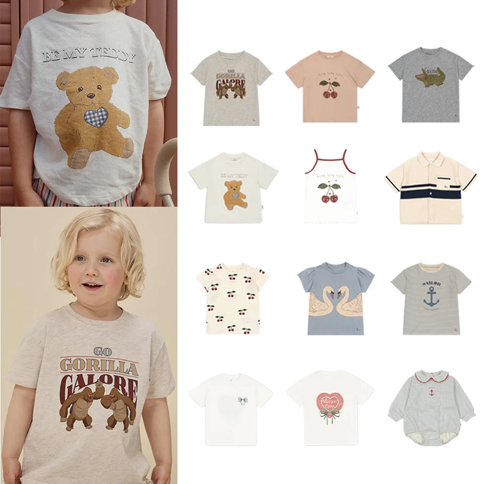 

KS Kids Short Sleeve T-shirt Swan Cherry Bear Strip Jumpsuit Children Clothes Dailywear Girls Boys