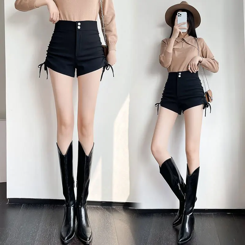 Women's Summer Fashion Simplicity Pleated Black High Waist A-line Wide Leg Pants Women Clothes Sexy All-match Casual Shorts