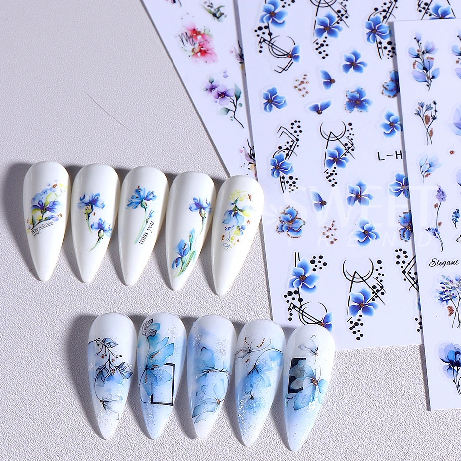 12 calcomanías 3D de flores y hojas para uñas, diseño de verano 3
