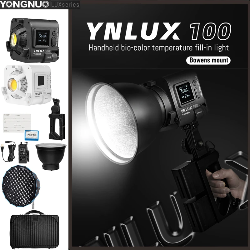 YONGNUO-Portátil Handheld LED Video Light, Fotografia ao ar livre, Estúdio ao vivo, Luz de preenchimento, Bi-Color, YNLUX100, 3200-6500k