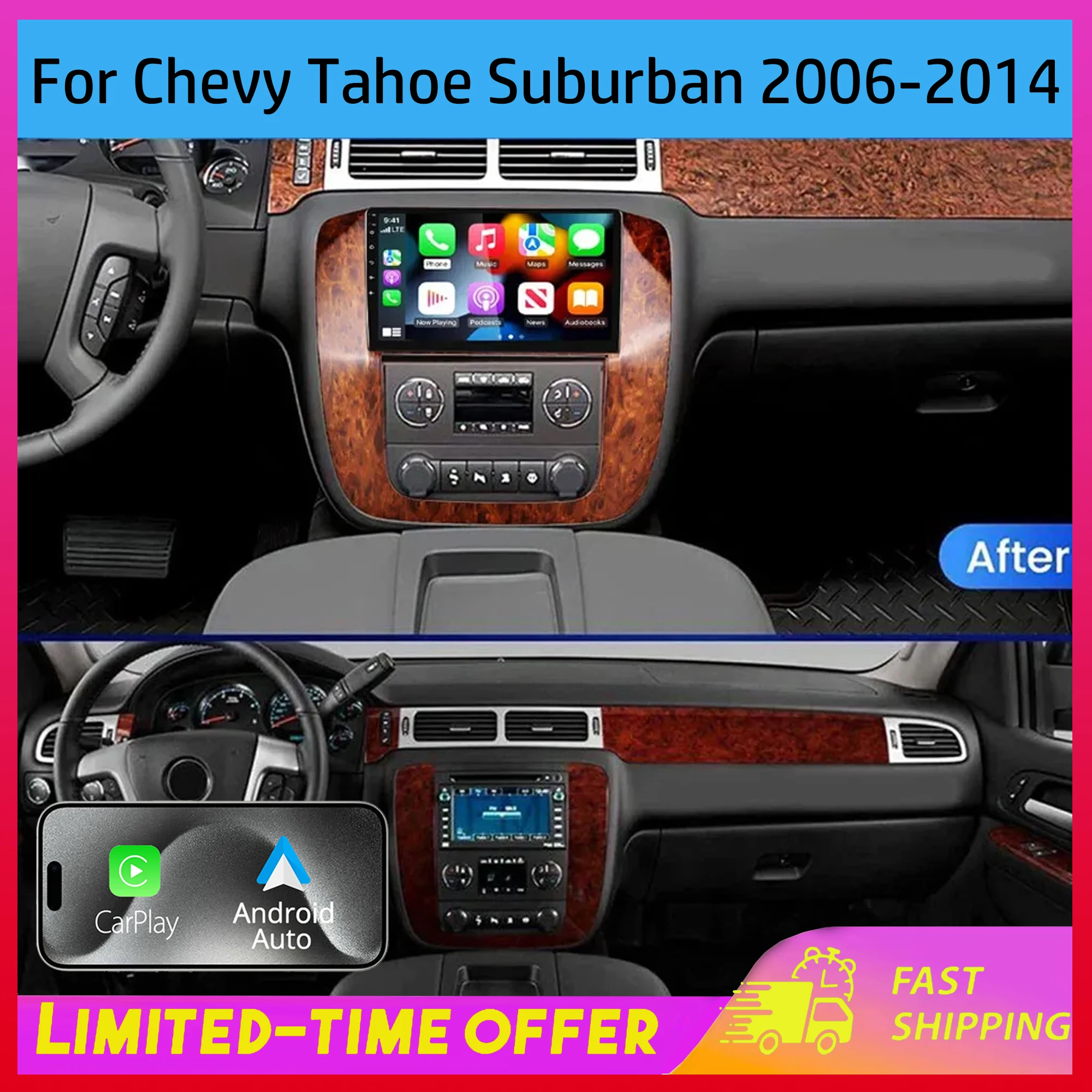 

Автомобильная навигационная система для Chevrolet Tahoe Suburban 2006-2014 (цвет персикового дерева) Android 15, 9-дюймовый мультимедийный плеер с Carplay