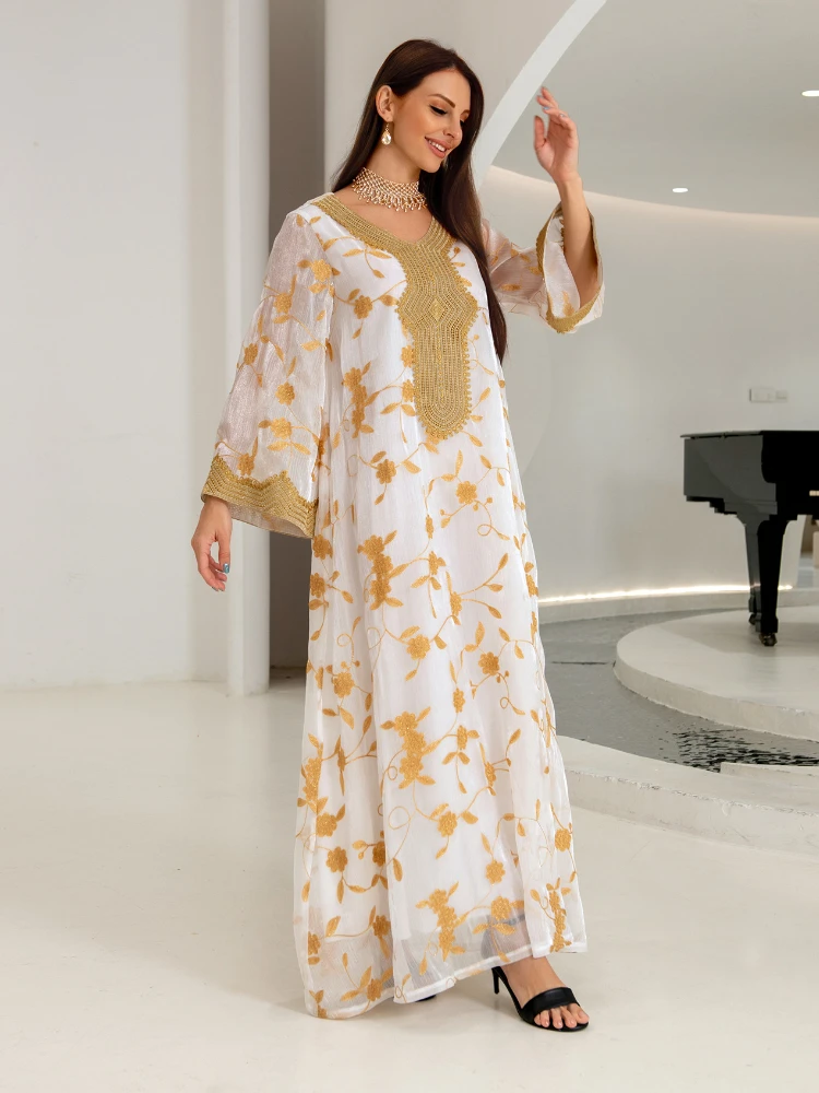 

Autumn Muslim Dress for Women Abaya Jalabiya Morocco Mesh Embroidery Party Dresses Long Kaftan Femme Musulmane Vestidos
