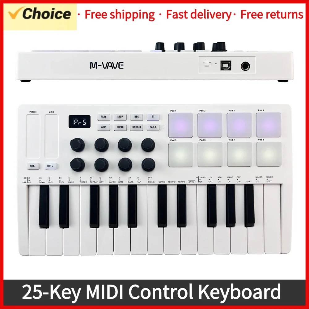 

M-VAVE 25-Key MIDI Control Keyboard Portable Mini USB MIDI Controller with 25 Velocity Sensitive Keys 8-Knob Keyboard instrument