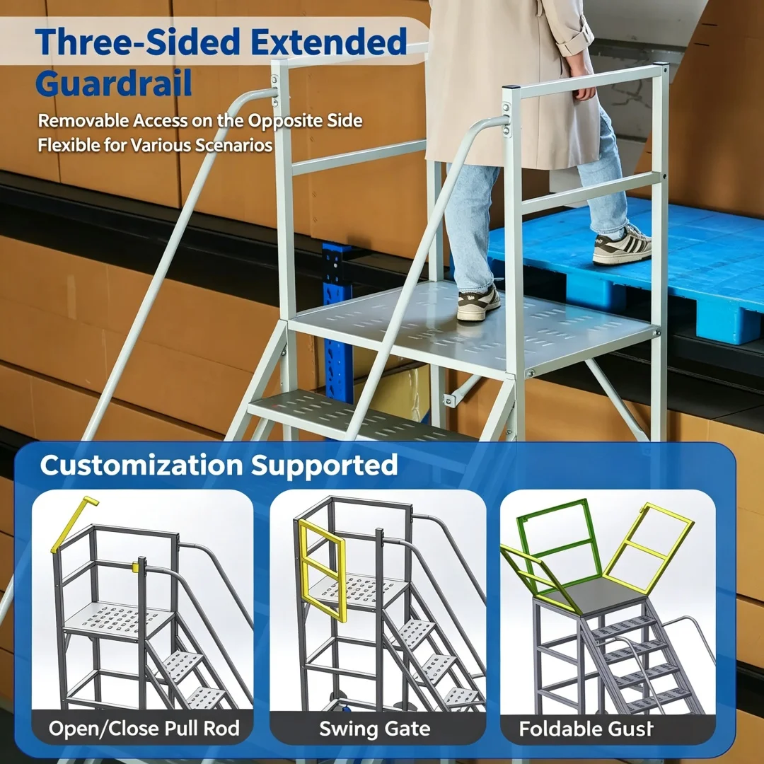 Warehouse Supermarket Picking Ladder Detachable Storage Shelf Access Cart Movable Platform Step Ladder with Silent Wheels
