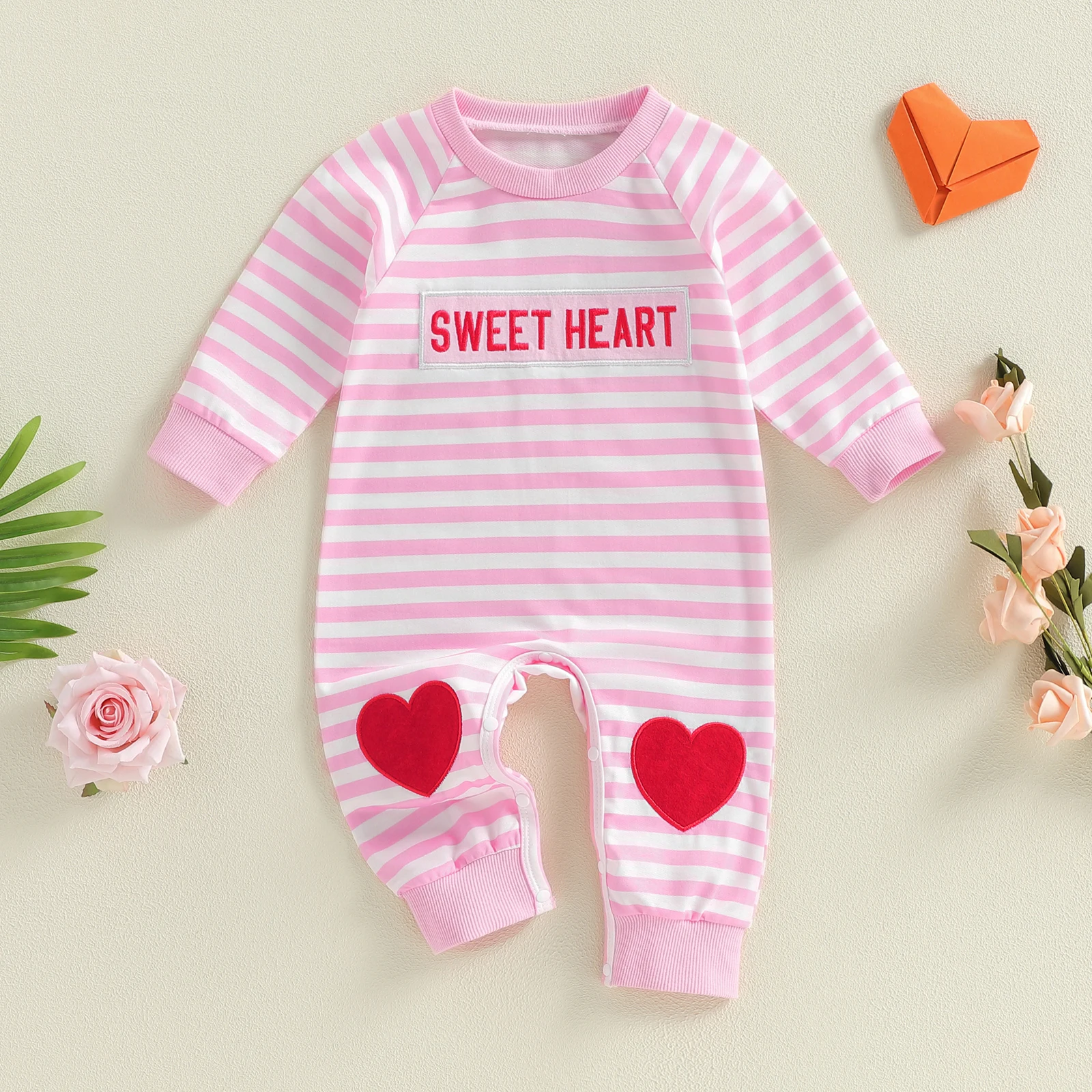 Spring Baby Jumpsuit Long Sleeve Crew Neck Plaid/Stripes Embroidery Romper Valentine’s Day Clothes for Boys Girls