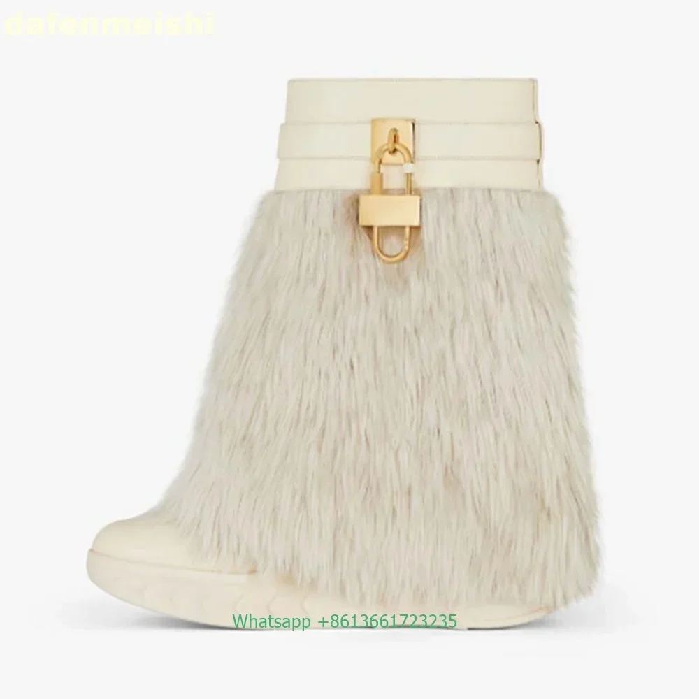 2025 Winter New Gold Lock Shark Boots Fur Tassel Style Fashion Round Toe Wedges Mid-Calf Boots Platform Bottom Large Size Boots