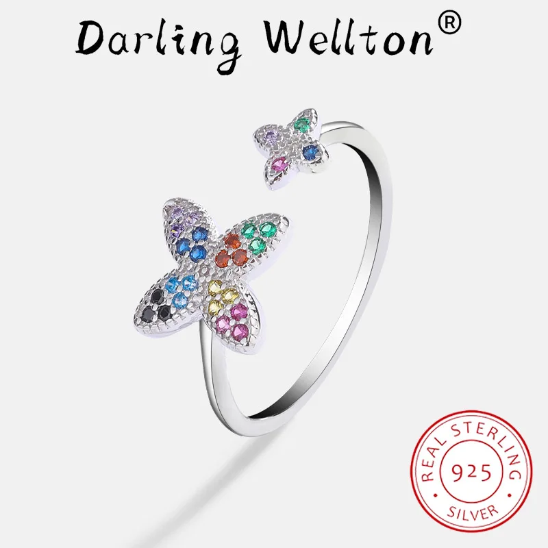 

Delicate Rainbow Irregular Double Butterfly Star Full Diamond Couple Ring Women Original Sterling Silver Valentine Gift Jewelry